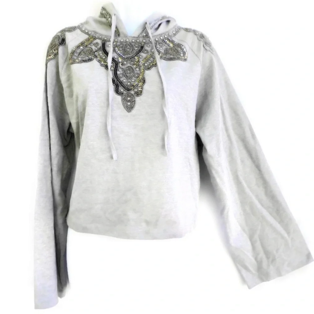 Love Sam Anthropologie Sweatshirt Hoodie Embellished Heavy Beads Heather Gray M
